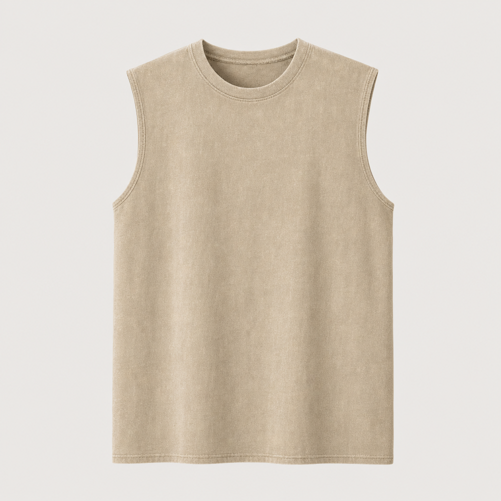 Sand Beige men washed cotton sleeveless muscle tank SKU image