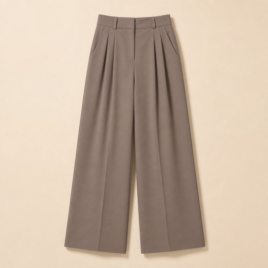 Taupe women high waist pleated wide leg trousers SKU image