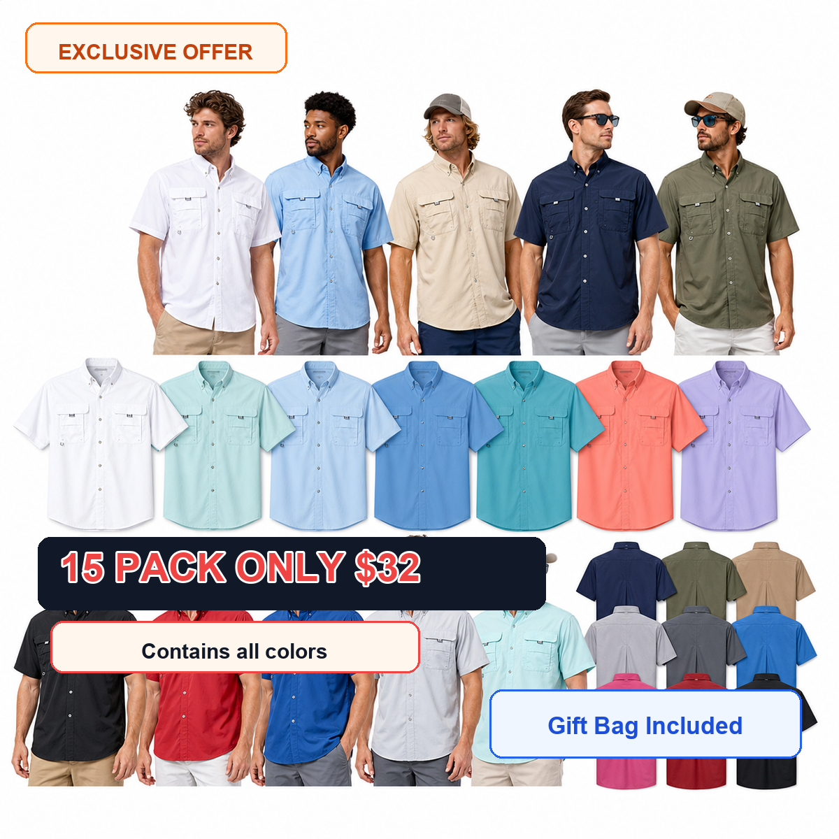Men's 15-Pack Performance Fishing Shirts - 15-pack offer