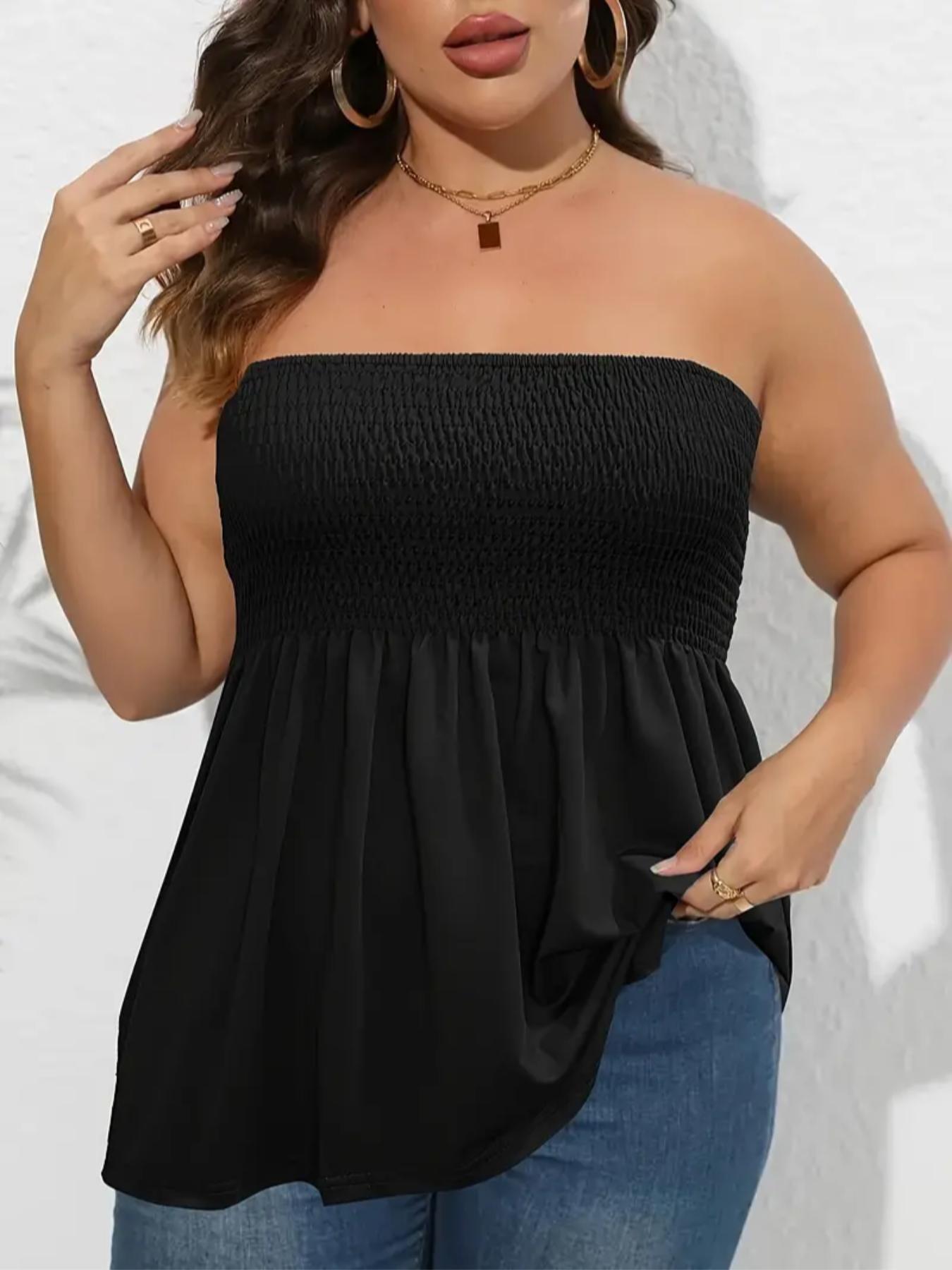 Plus Size Solid Ruffle Hem Shirred Tube Top, Boho Fashion Chic Elegant Style Tops, Lady Strapless Top, Womenswear, Casual Sleeveless Strapless Black Top