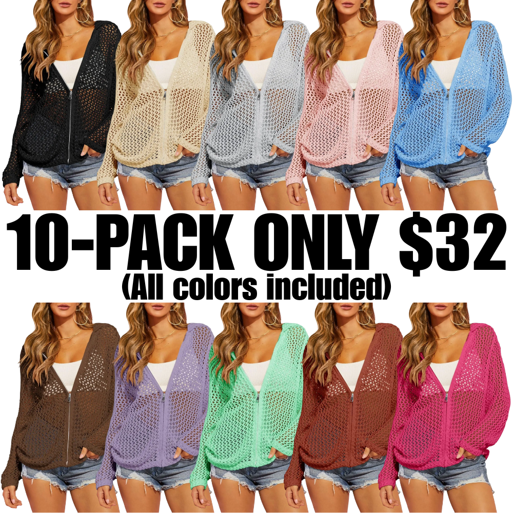 Women's Crochet Lightweight Cardigan Zip Up Hooded Knit Sweater - image 6