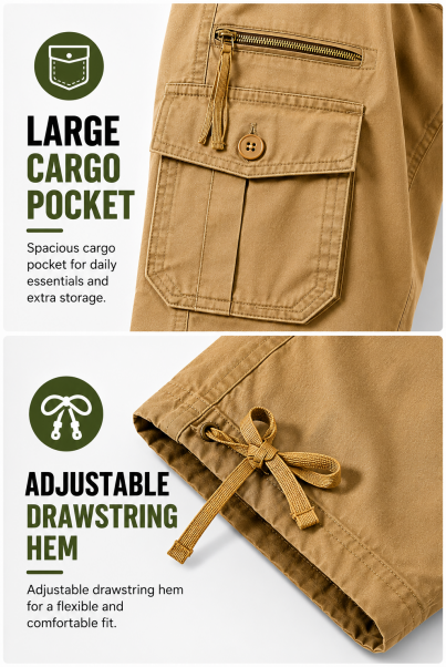 Cargo pocket and adjustable drawstring hem detail