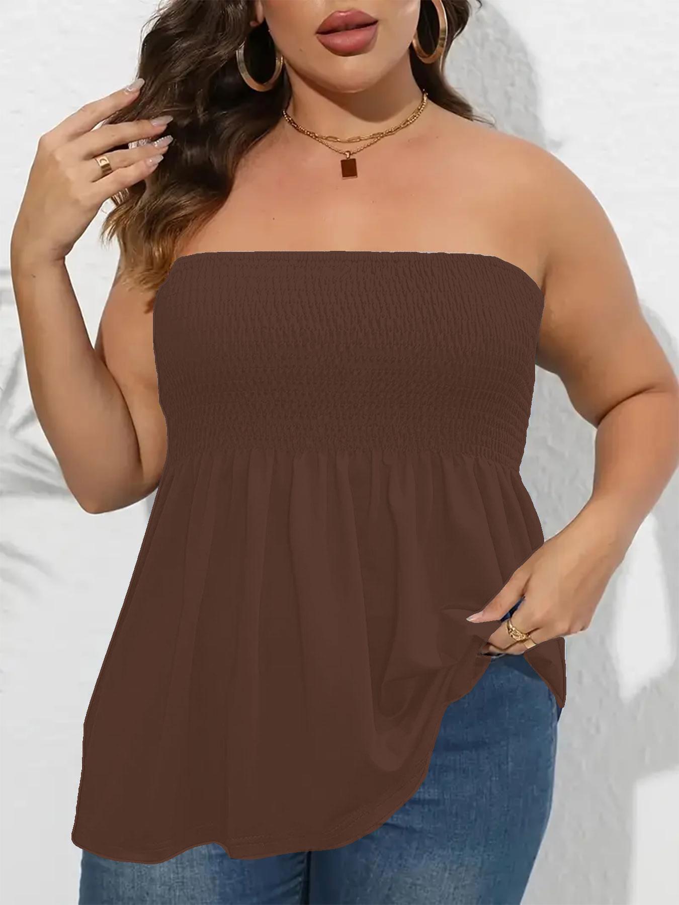 Plus Size Solid Ruffle Hem Shirred Tube Top, Boho Fashion Chic Elegant Style Tops, Lady Strapless Top, Womenswear, Casual Sleeveless Strapless Black Top