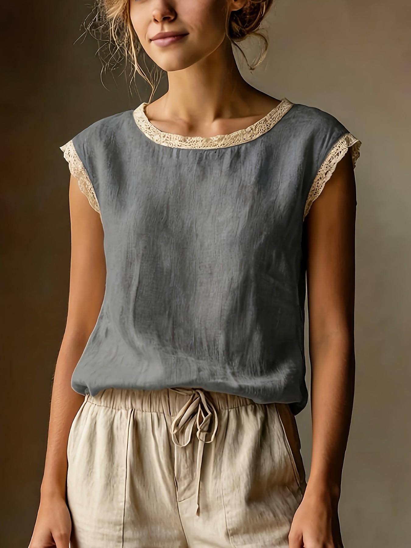 Women's Vintage Linen Short Sleeve Top, Lace Patchwork Round Neck Loose Fit Summer Breathable Linen T-Shirt, Casual Fashion