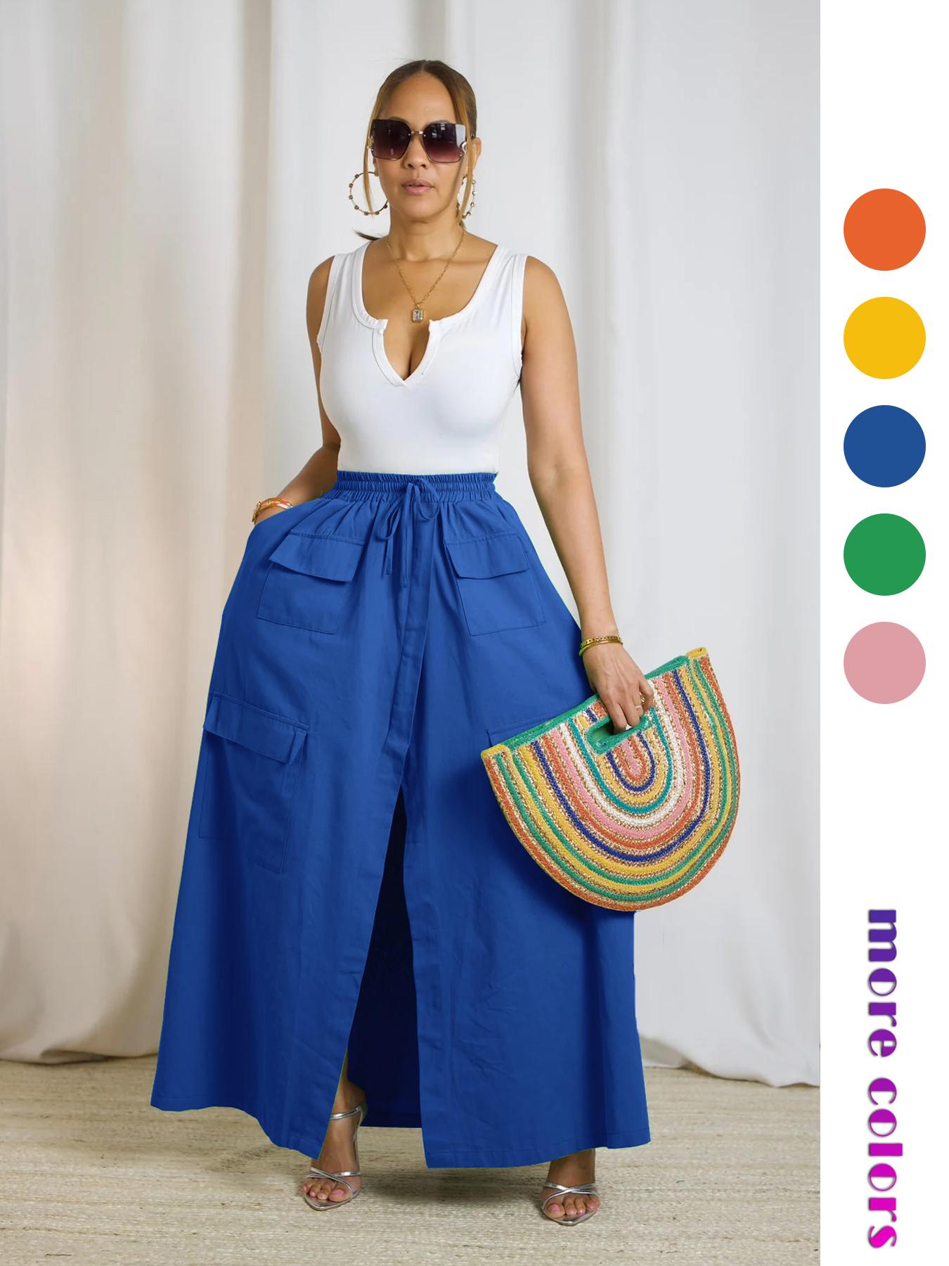 Women's Plain Drawstring High Waist Skirt, Casual Boho Pocket Wrap Skirt for Summer, Ladies Bottoms for Beach Holiday Vacation