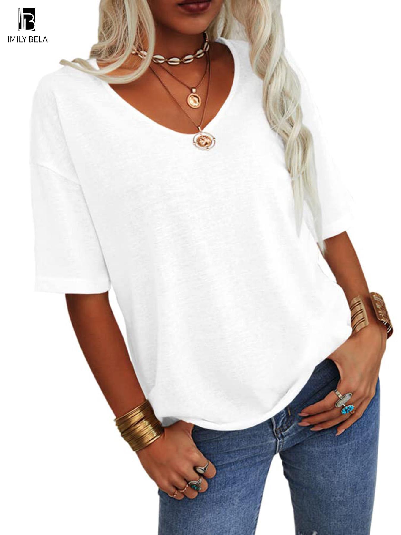 Women's Plain V Neck Drop Shoulder Tee, Casual Chic Minimalist Solid Color Half Sleeve T-shirt for Summer, Women's Basic Top for Daily Wear