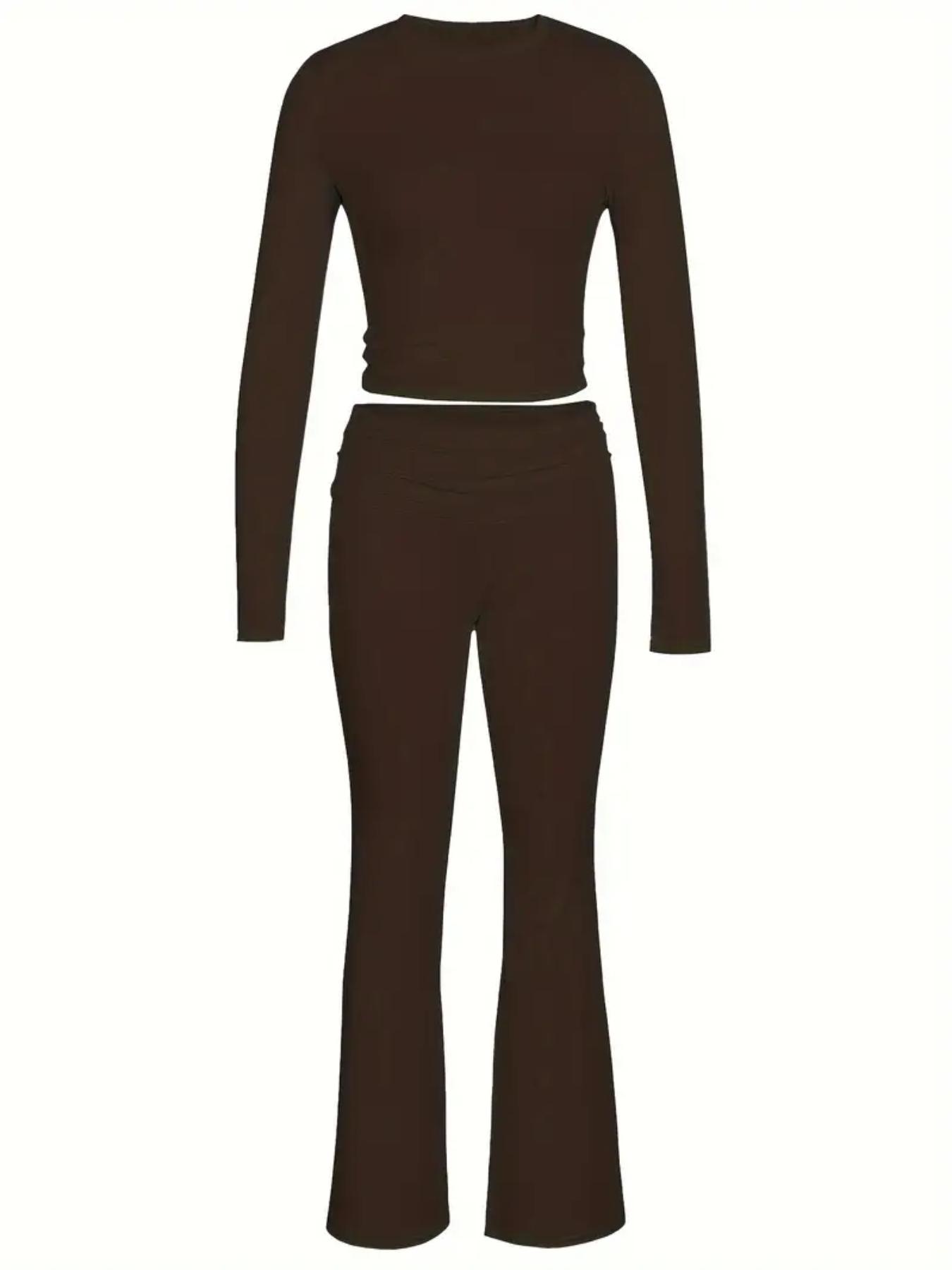 Women's Basic Solid Long Sleeve Crop Tee & Flare Leg Skinny Pants Loungewear Set, Casual Round Neck Top & Bell Bottom Leggings, Sleepwear Pajama Set for Women, Pjs