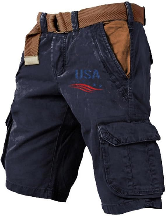Men's Vintage Flag Independence Day Multi - Pocket Print Cargo Shorts (Belt Included)