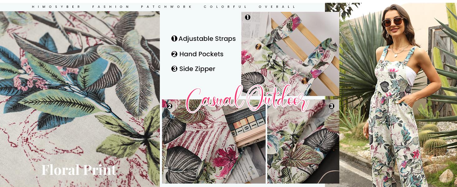 UANEO Women's Patchwork Dual Pocket Jumpsuit Loose Floral Print Bohemian Wide Leg Bib Overall Casual Womenswear Printed