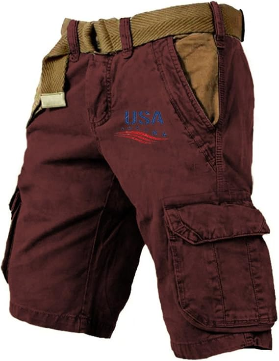 Men's Vintage Flag Independence Day Multi - Pocket Print Cargo Shorts (Belt Included)
