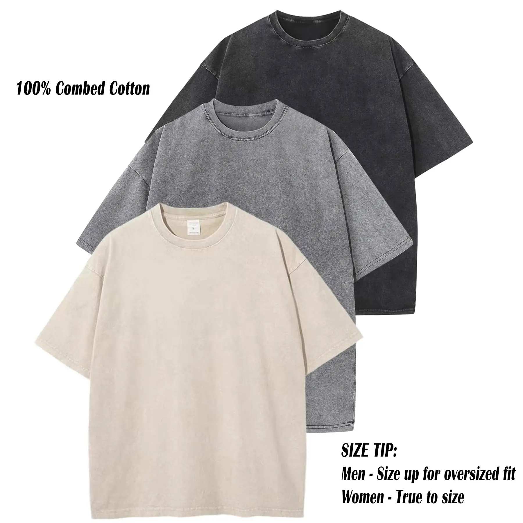 ARSSM 3 Pack Acid Wash Unisex Oversized Cotton T-Shirt Crew Neck Half Short Sleeve Summer Top Casual Loose Fit Solid Streetwear Comfortable Tees Basic Womenswear Shortsleeve Tshirt