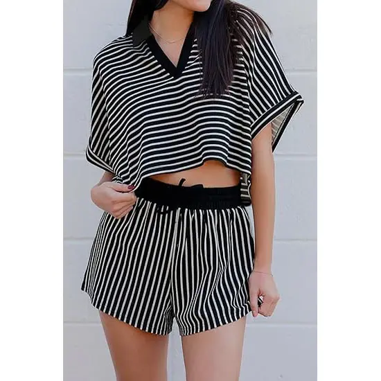 Women's striped short set detail