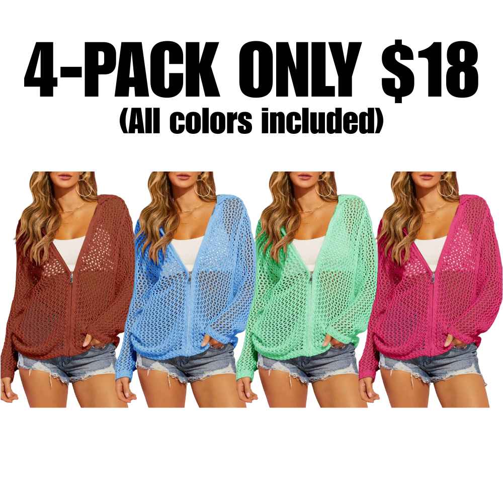 Women's Crochet Lightweight Cardigan Zip Up Hooded Knit Sweater - image 9