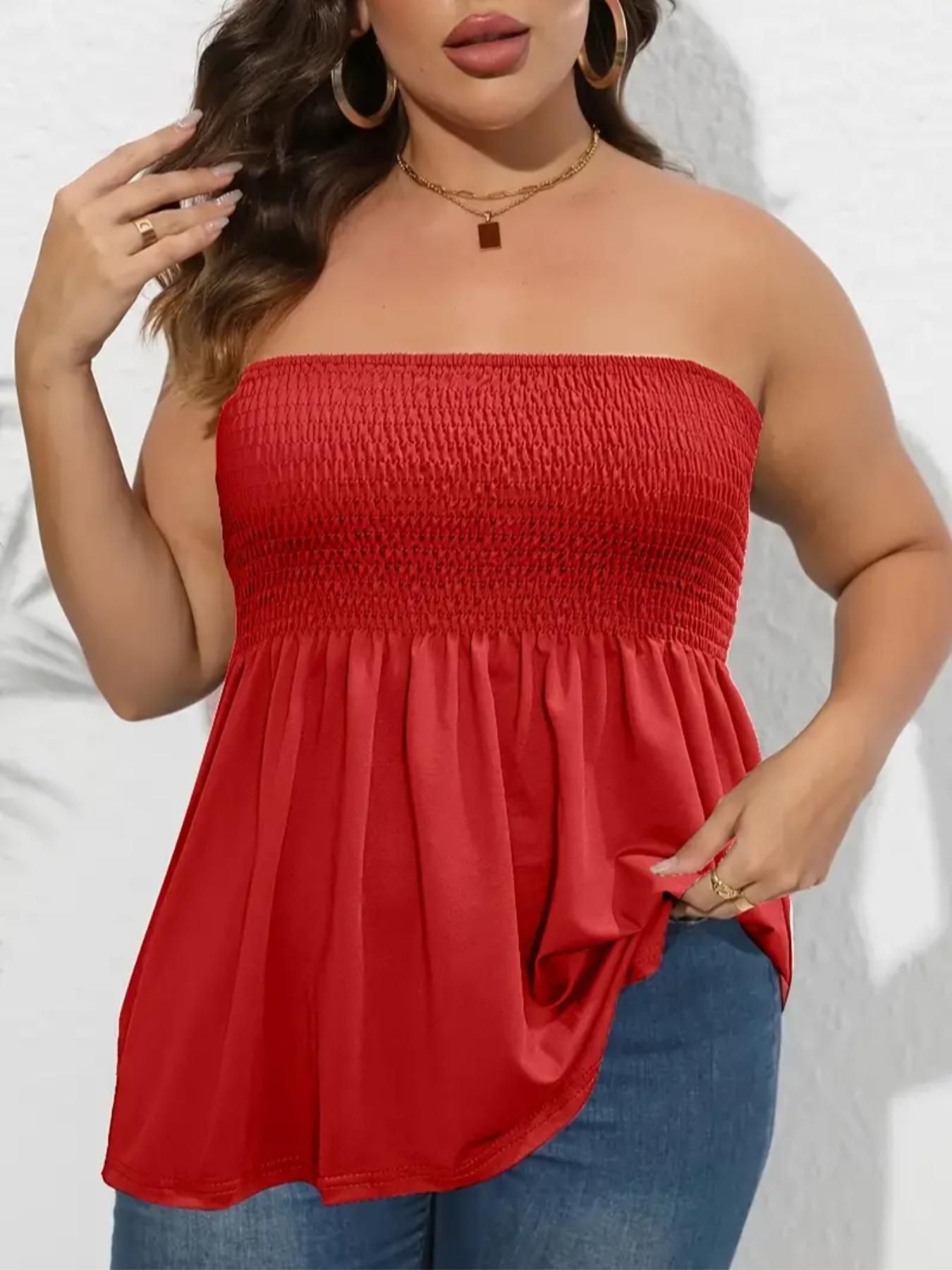 Plus Size Solid Ruffle Hem Shirred Tube Top, Boho Fashion Chic Elegant Style Tops, Lady Strapless Top, Womenswear, Casual Sleeveless Strapless Black Top
