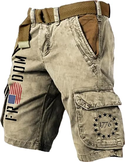 Men's Vintage Flag Independence Day Multi - Pocket Print Cargo Shorts (Belt Included)