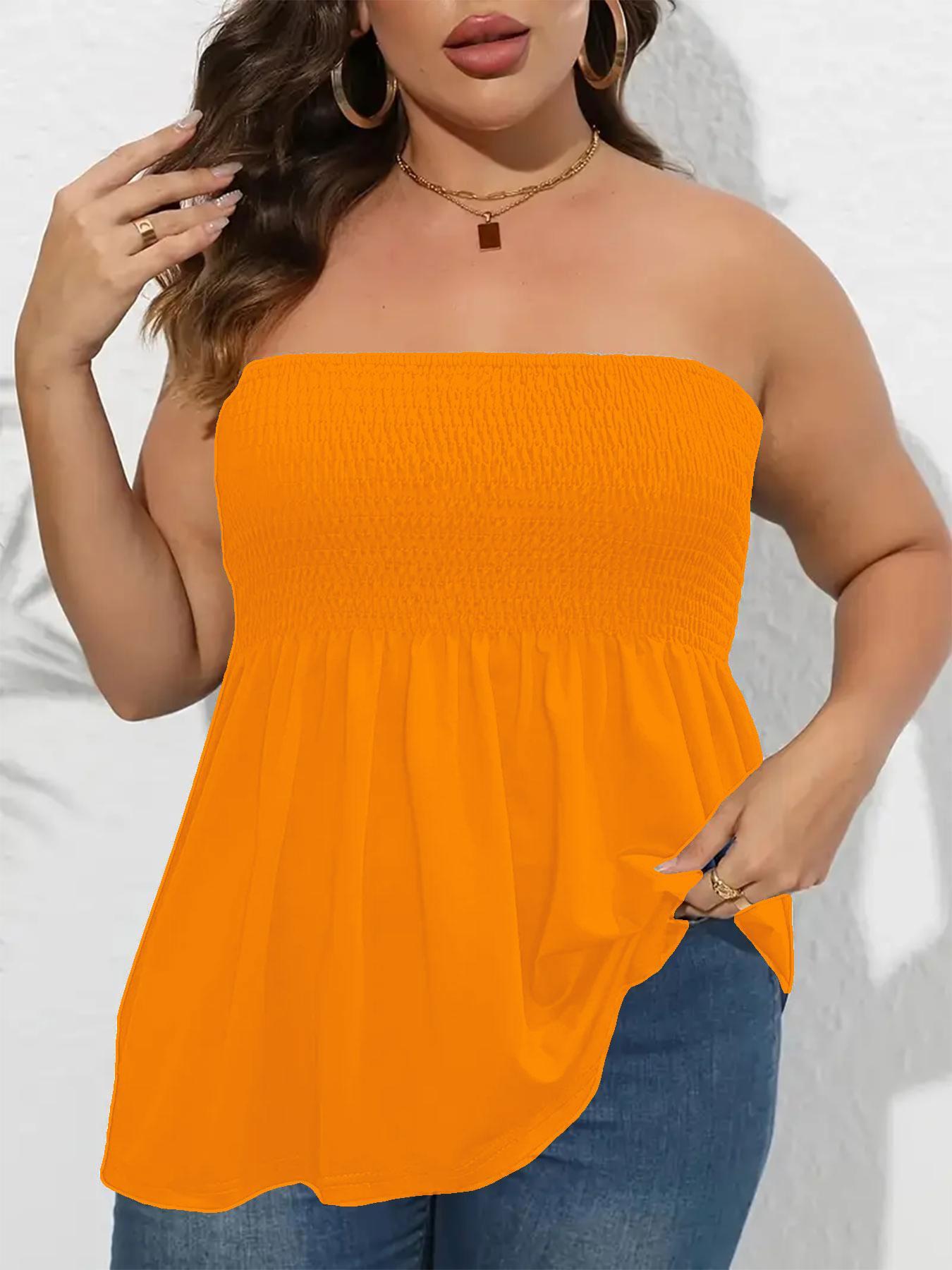 Plus Size Solid Ruffle Hem Shirred Tube Top, Boho Fashion Chic Elegant Style Tops, Lady Strapless Top, Womenswear, Casual Sleeveless Strapless Black Top