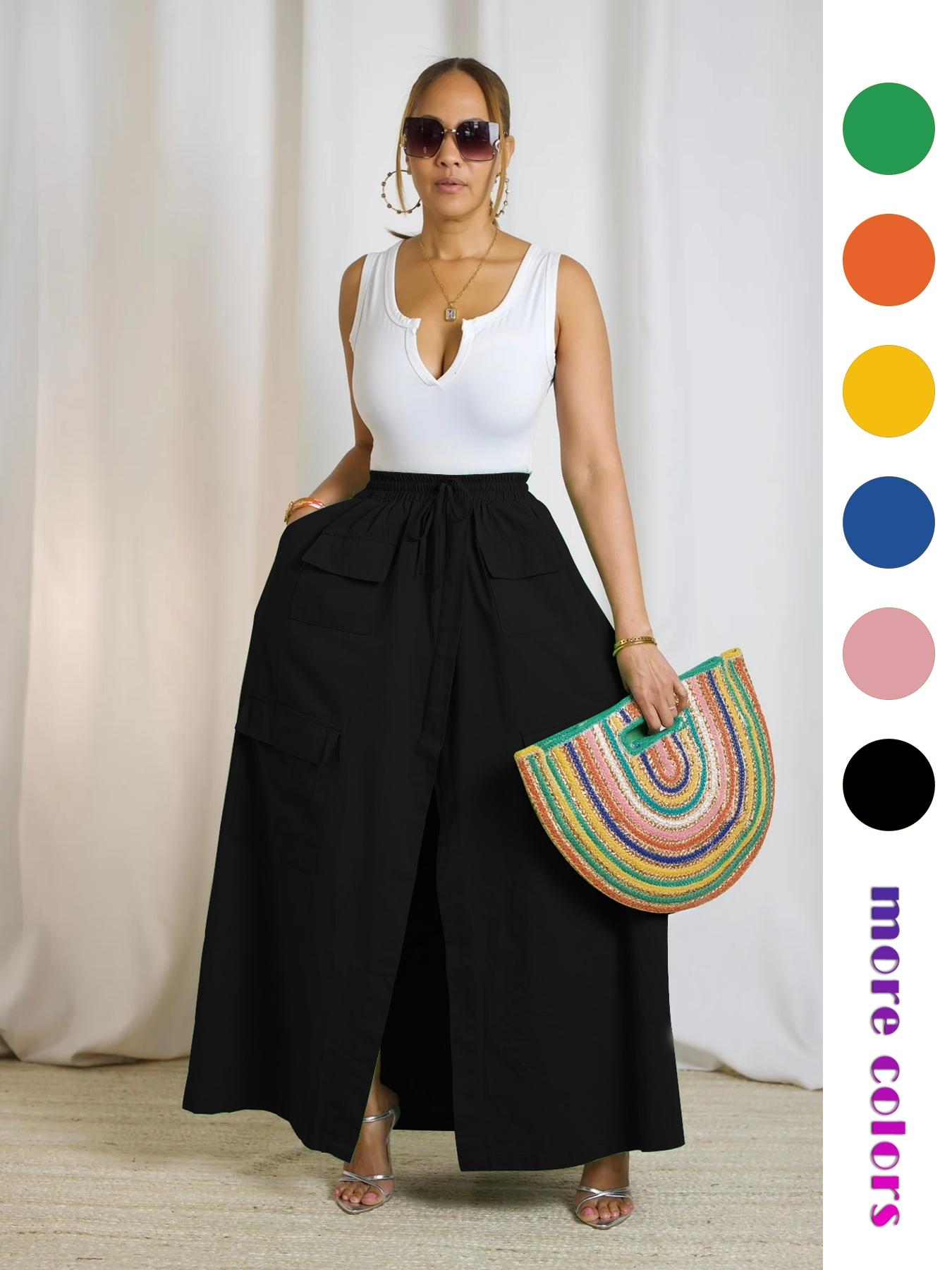 Women's Plain Drawstring High Waist Skirt, Casual Boho Pocket Wrap Skirt for Summer, Ladies Bottoms for Beach Holiday Vacation