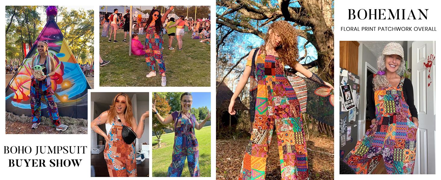UANEO Women's Patchwork Dual Pocket Jumpsuit Loose Floral Print Bohemian Wide Leg Bib Overall Casual Womenswear Printed