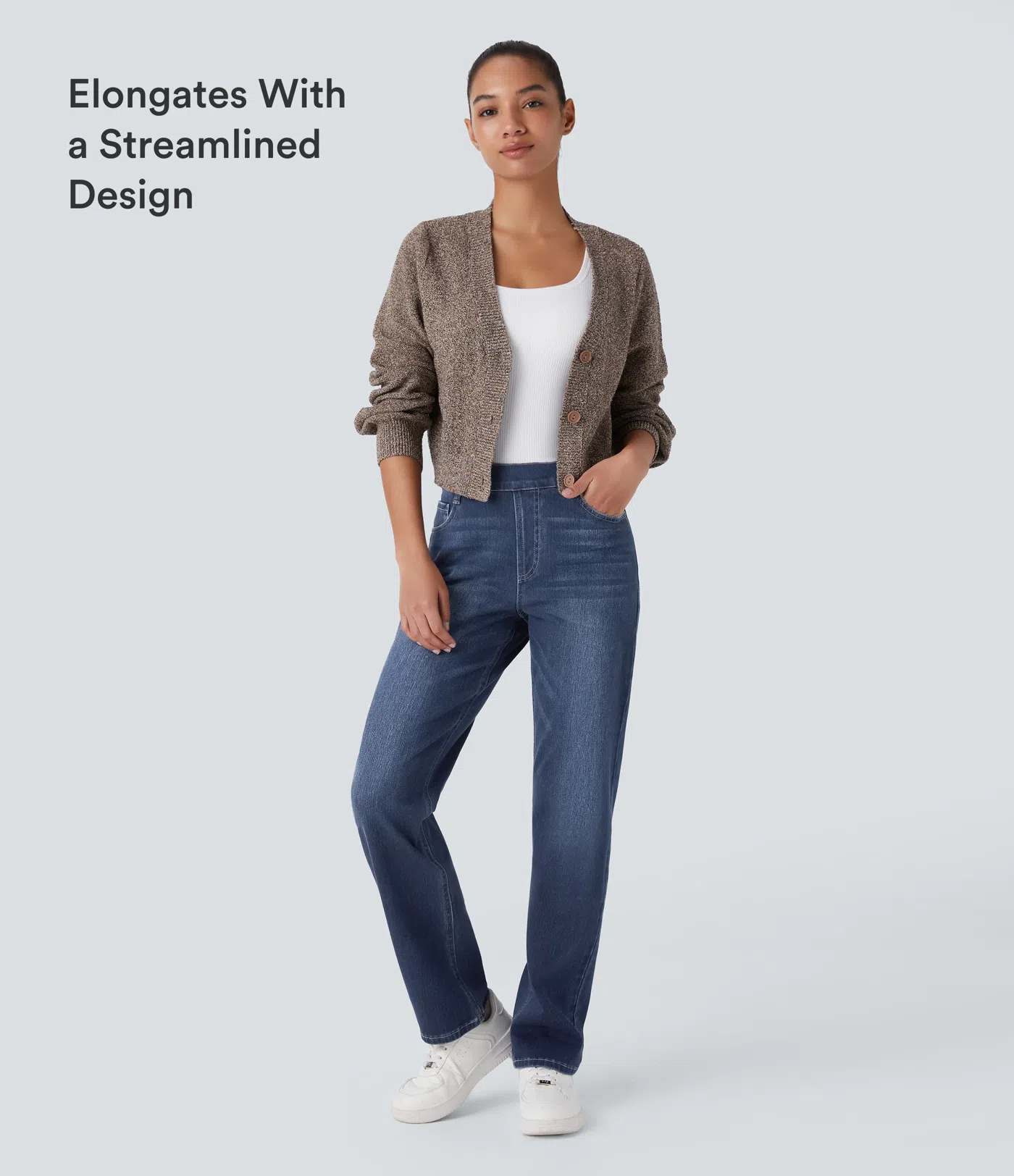 Women's high-waisted stretch denim pants outfit detail
