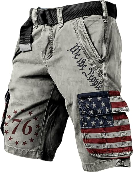 Men's Vintage Flag Independence Day Multi - Pocket Print Cargo Shorts (Belt Included)