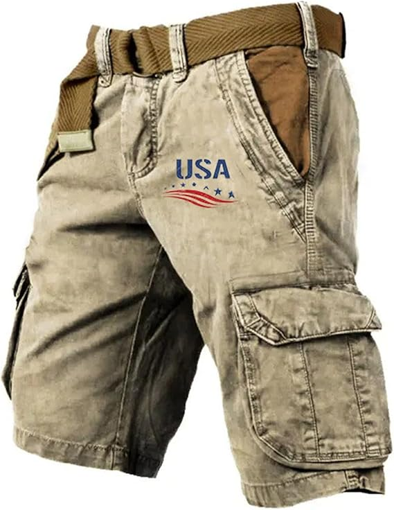 Men's Vintage Flag Independence Day Multi - Pocket Print Cargo Shorts (Belt Included)