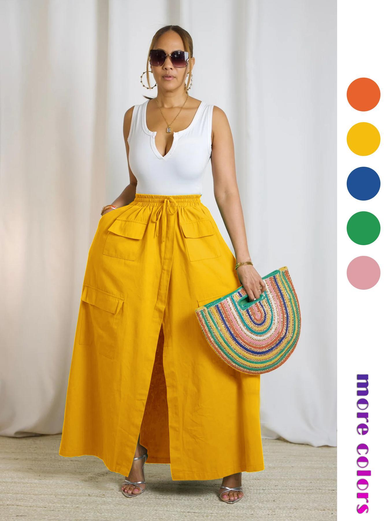 Women's Plain Drawstring High Waist Skirt, Casual Boho Pocket Wrap Skirt for Summer, Ladies Bottoms for Beach Holiday Vacation