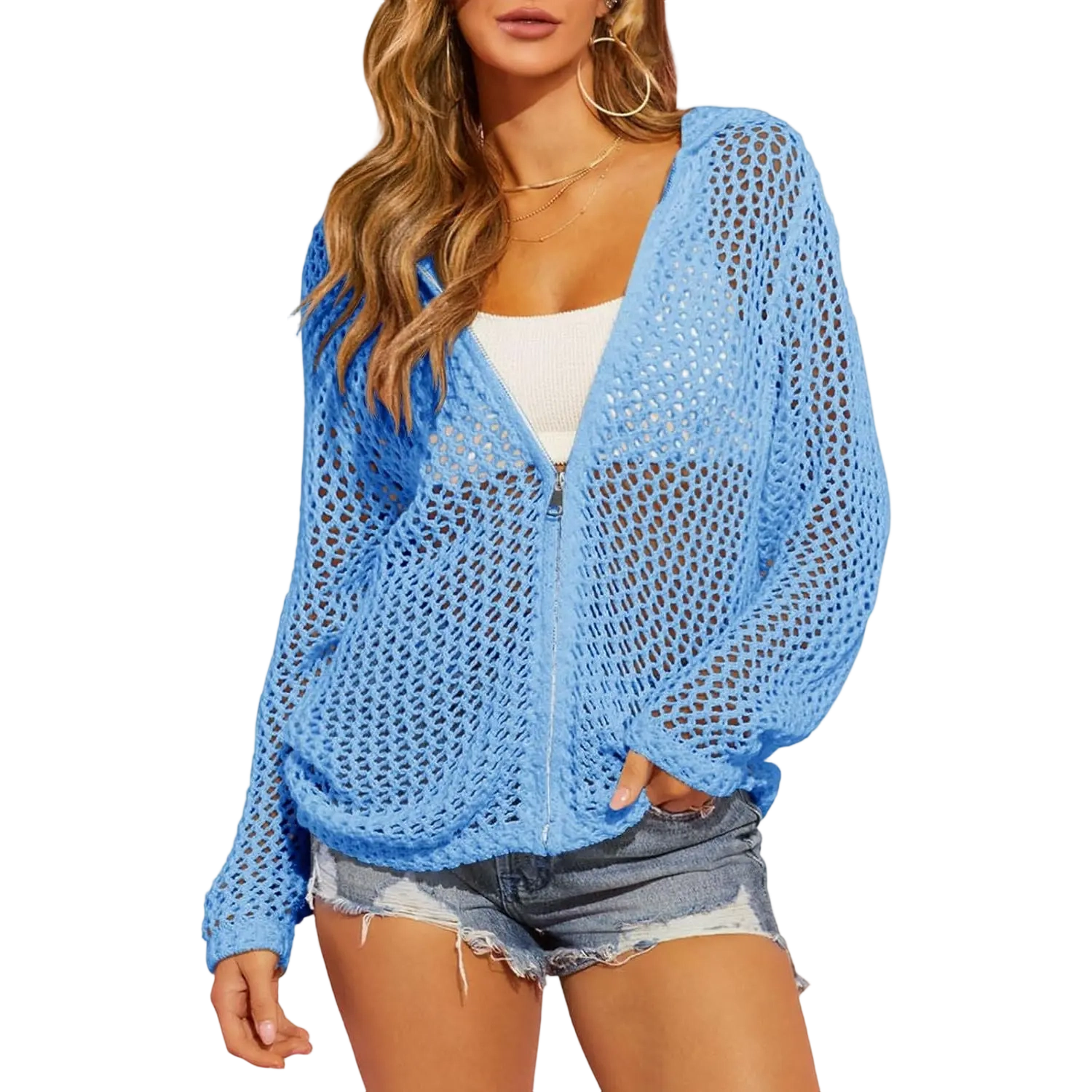 Women's Crochet Lightweight Cardigan Zip Up Hooded Knit Sweater - image 10