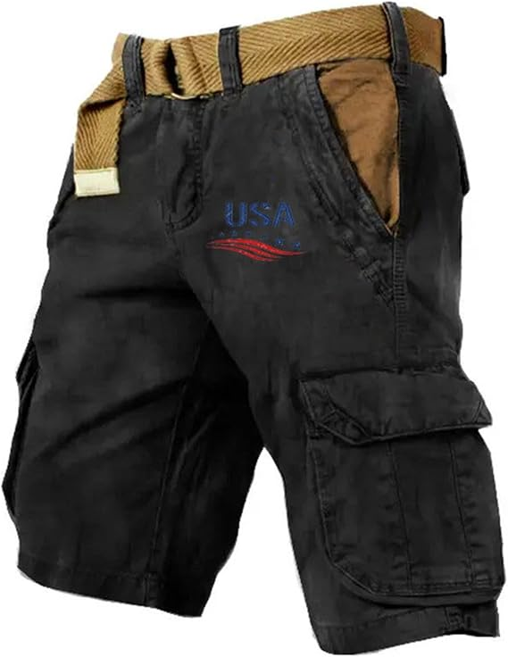 Men's Vintage Flag Independence Day Multi - Pocket Print Cargo Shorts (Belt Included)