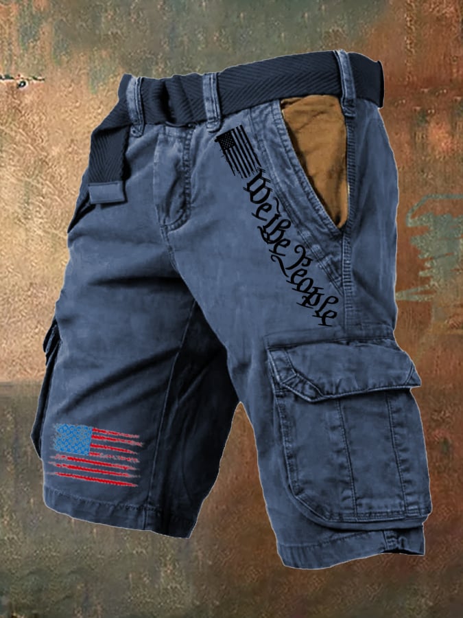 Men's Vintage Flag Independence Day Multi - Pocket Print Cargo Shorts (Belt Included)