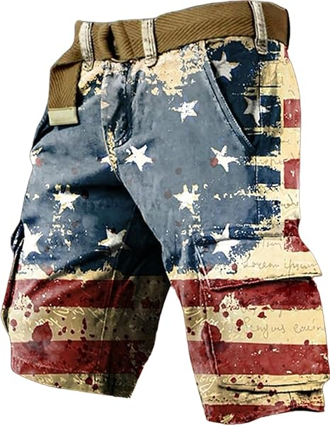 Men's Vintage Flag Independence Day Multi - Pocket Print Cargo Shorts (Belt Included)