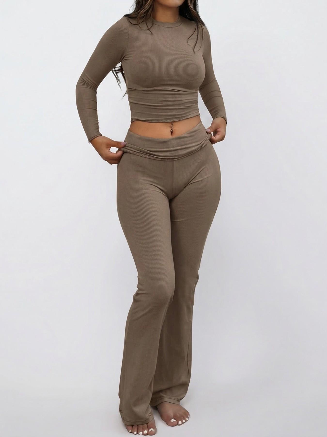 Women's Basic Solid Long Sleeve Crop Tee & Flare Leg Skinny Pants Loungewear Set, Casual Round Neck Top & Bell Bottom Leggings, Sleepwear Pajama Set for Women, Pjs