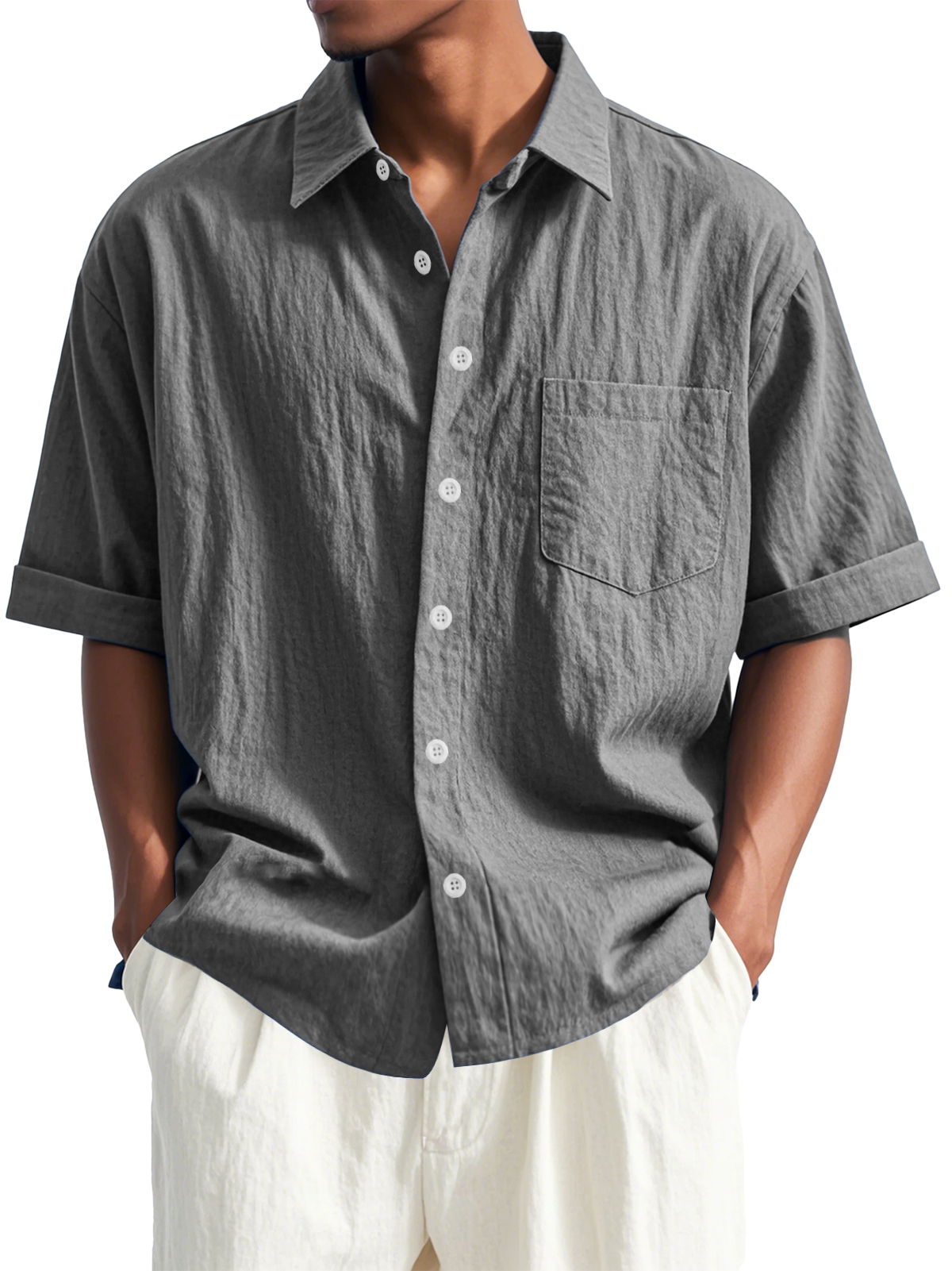  Men's Fashion Casual Pleated Fabric Short Sleeve Lapel Pocket Shirt - image 3
