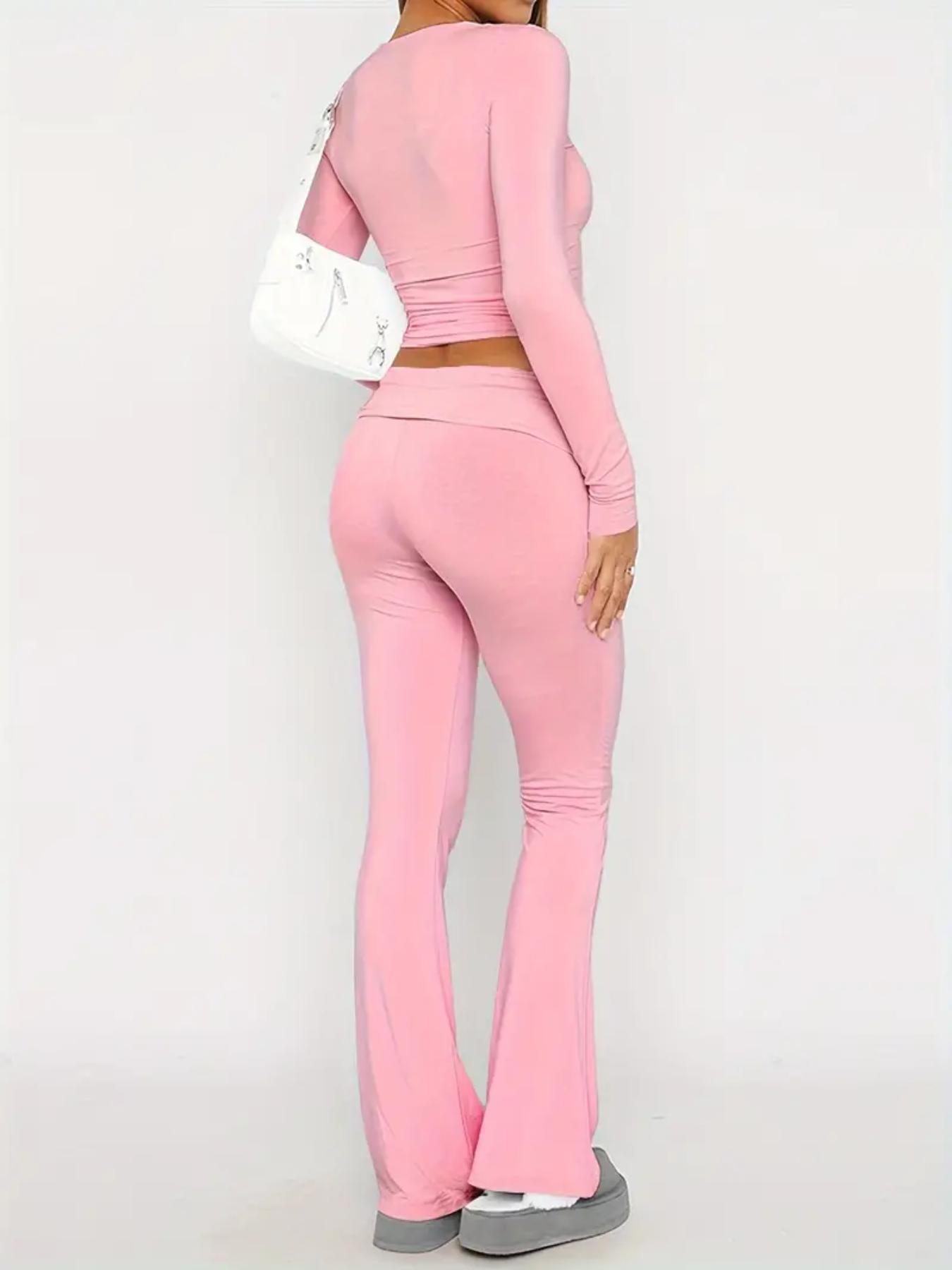 Women's Basic Solid Long Sleeve Crop Tee & Flare Leg Skinny Pants Loungewear Set, Casual Round Neck Top & Bell Bottom Leggings, Sleepwear Pajama Set for Women, Pjs
