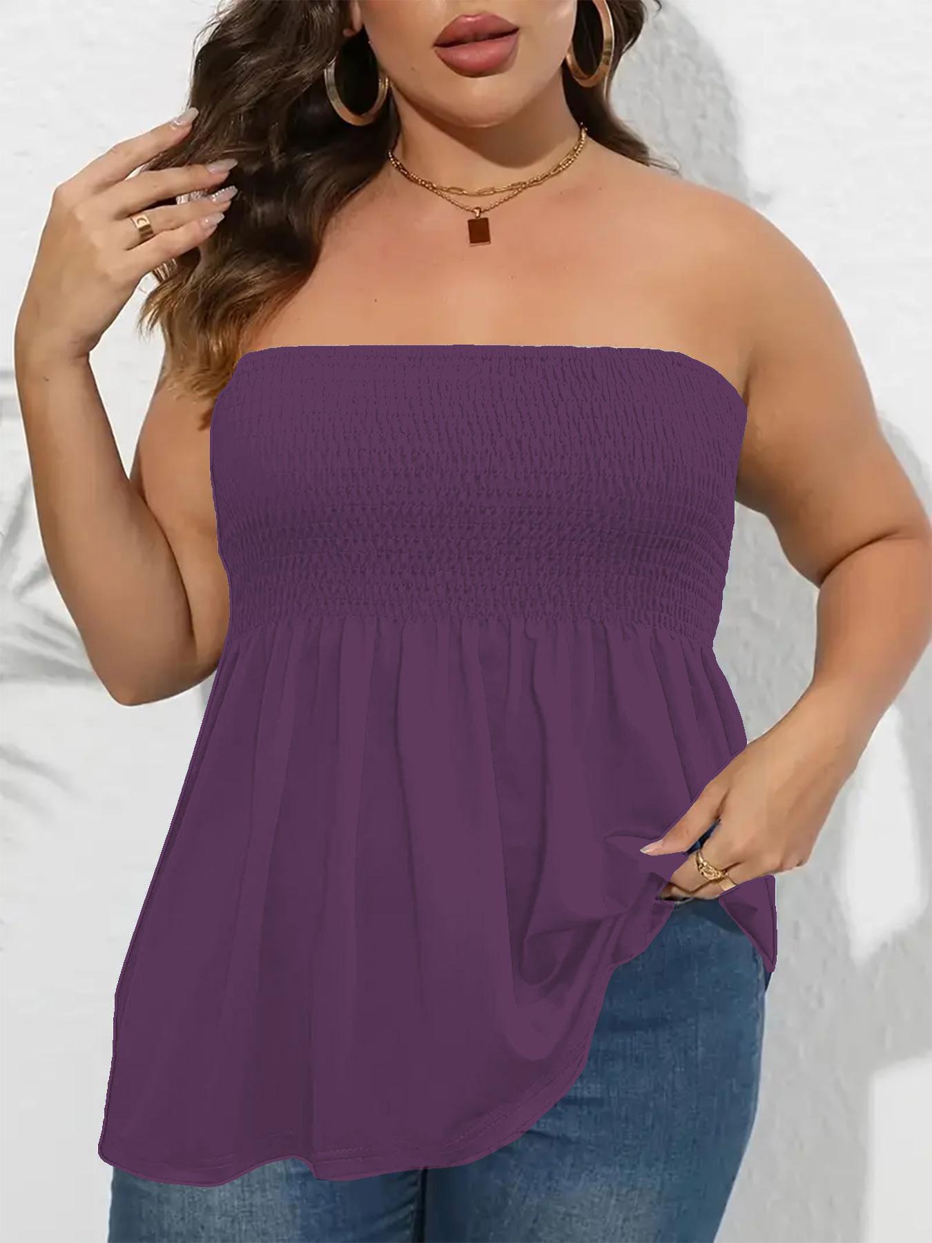 Plus Size Solid Ruffle Hem Shirred Tube Top, Boho Fashion Chic Elegant Style Tops, Lady Strapless Top, Womenswear, Casual Sleeveless Strapless Black Top