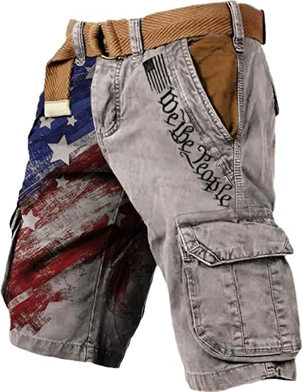 Men's Vintage Flag Independence Day Multi - Pocket Print Cargo Shorts (Belt Included)