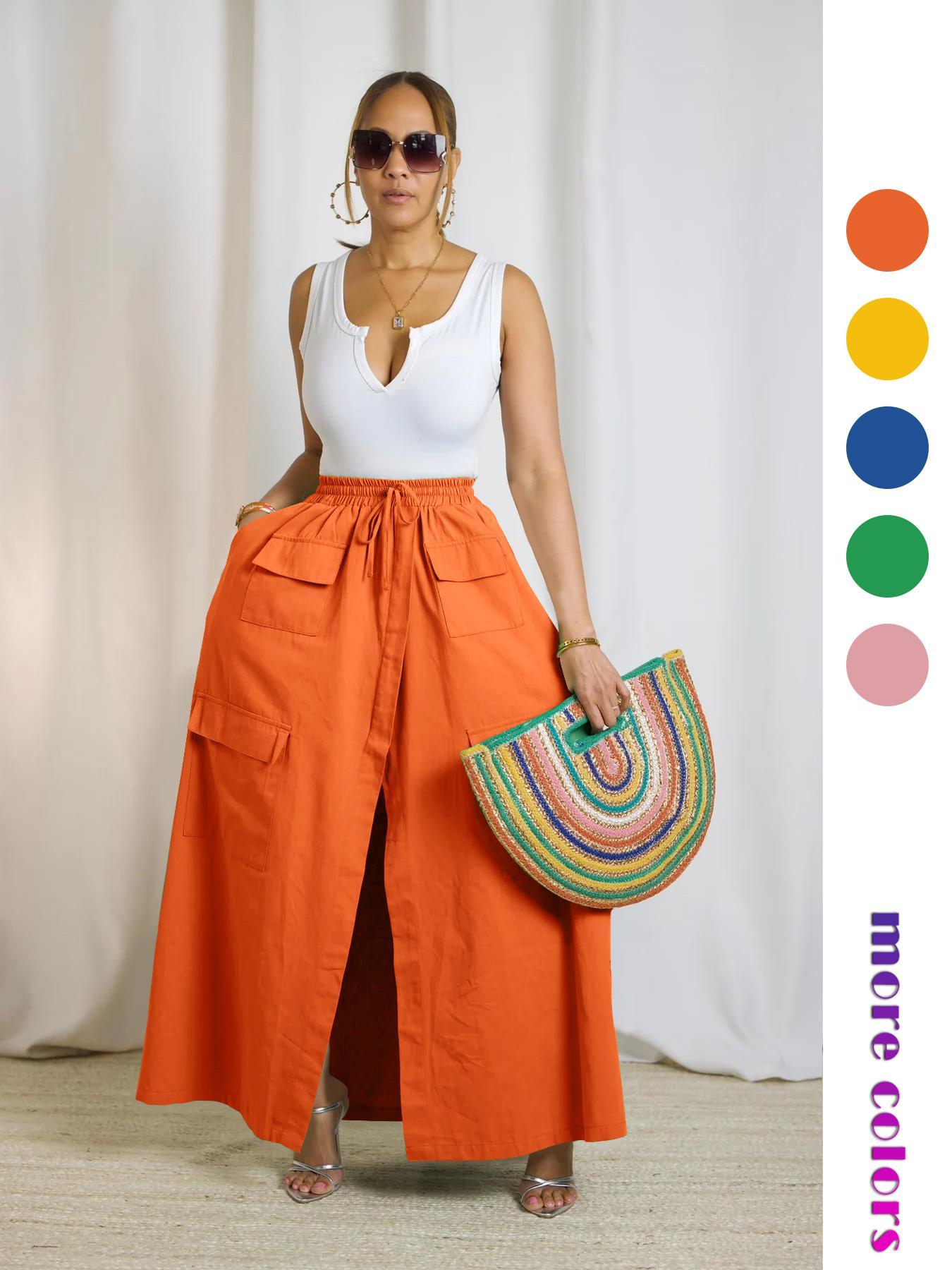 Women's Plain Drawstring High Waist Skirt, Casual Boho Pocket Wrap Skirt for Summer, Ladies Bottoms for Beach Holiday Vacation
