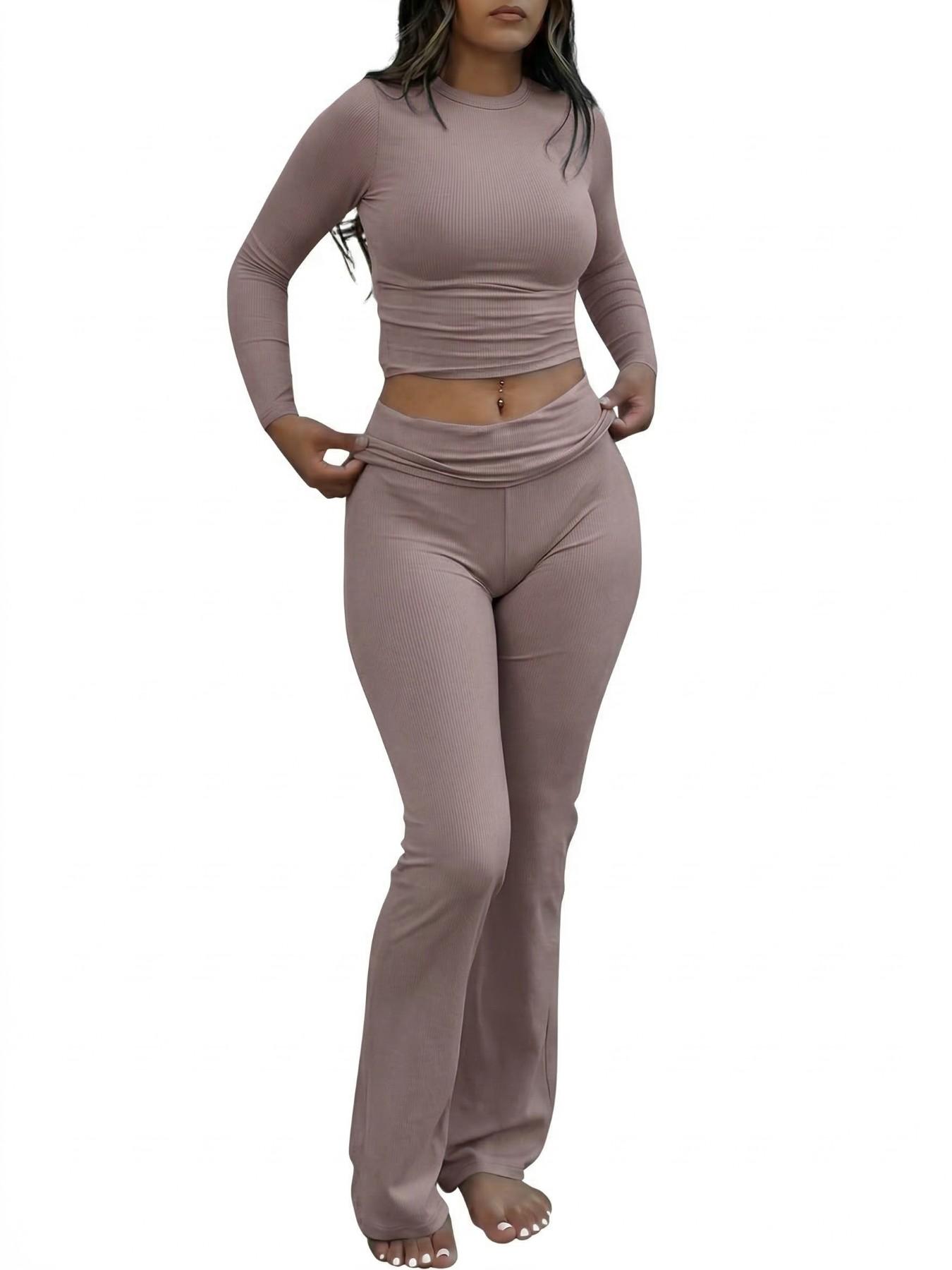 Women's Basic Solid Long Sleeve Crop Tee & Flare Leg Skinny Pants Loungewear Set, Casual Round Neck Top & Bell Bottom Leggings, Sleepwear Pajama Set for Women, Pjs