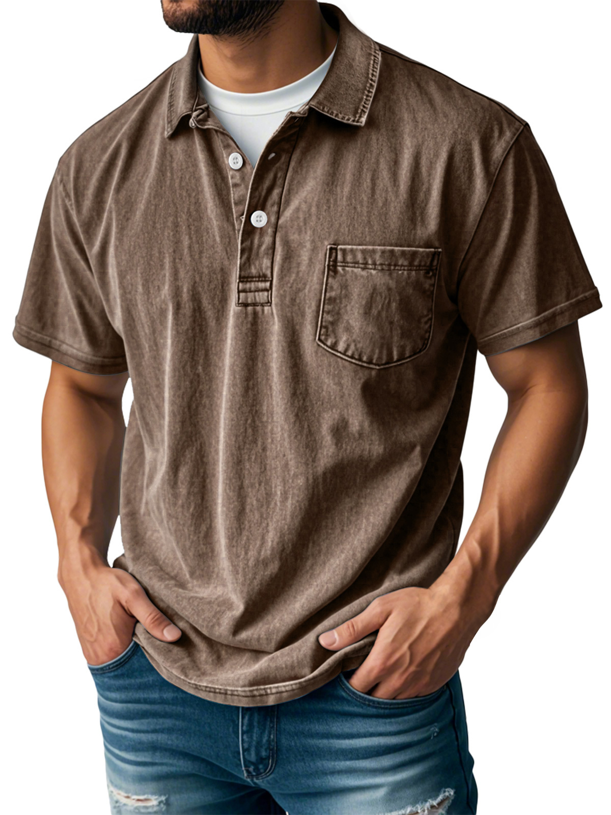 Men's Retro Lapel Button Pocket Casual Short Sleeve Polo Shirt - image 10