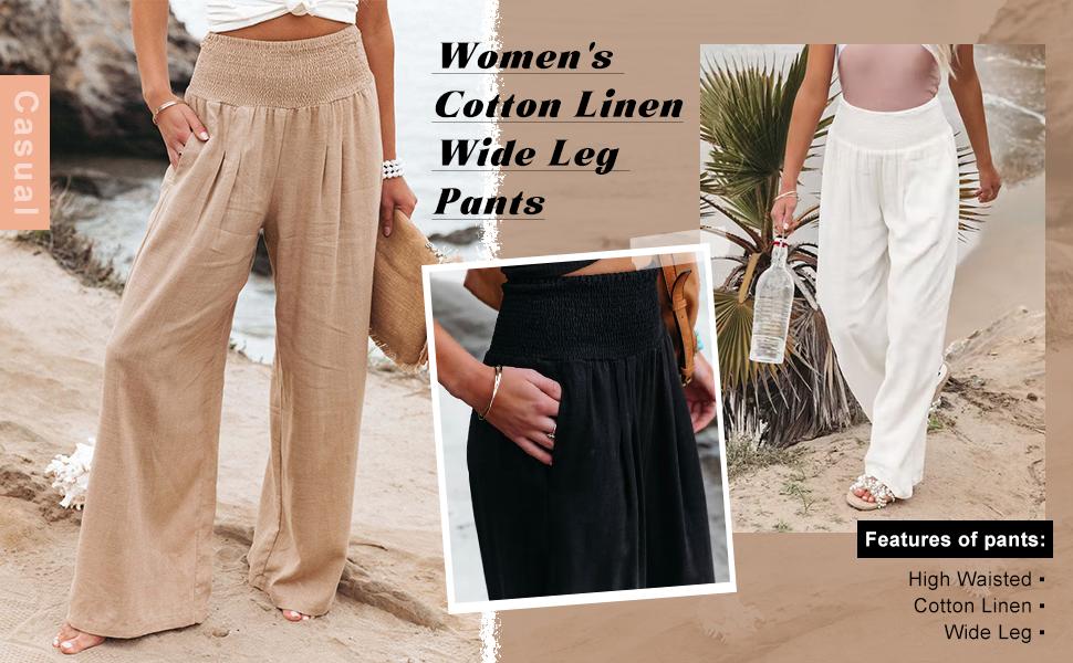 Chouyatou Women's Smocked High Waisted Cotton Linen Wide Leg Pants Palazzo with Pockets