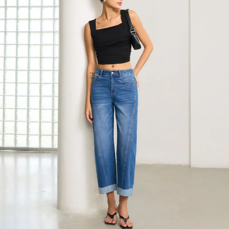 Women's High Waisted Wide Leg Cropped Denim Jeans