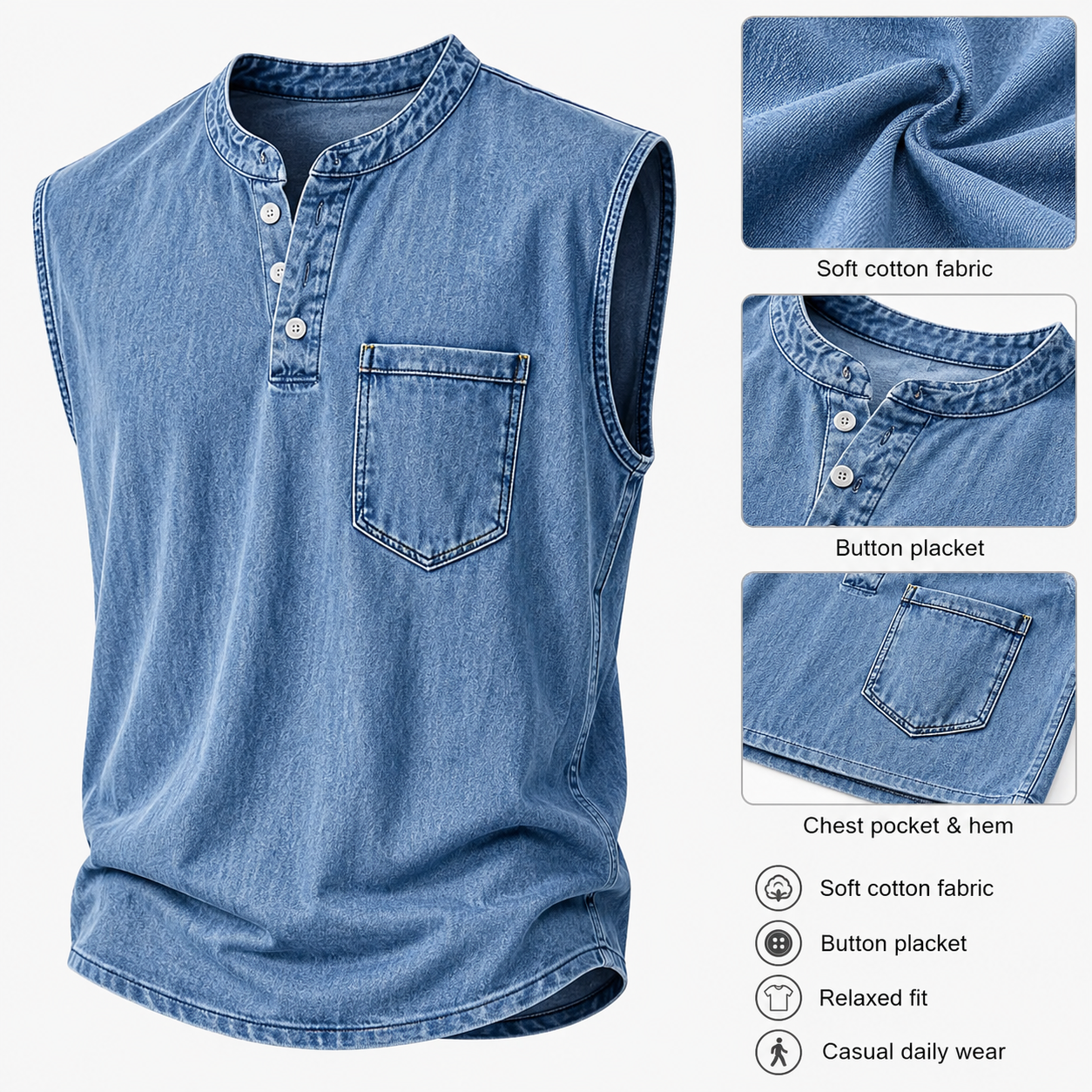 Men's Vintage Stand Collar Casual Pocket Solid Color Sleeveless Henley Vest - image 2