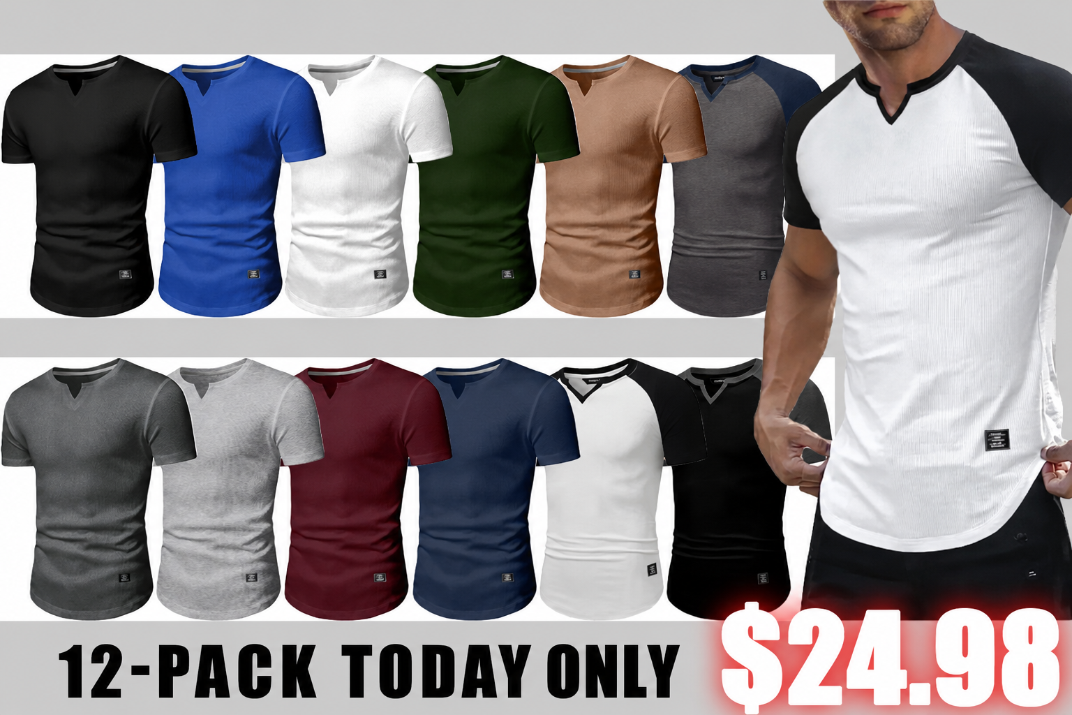 Men's 12-Pack Cotton Longline Henley V - Neck T - Shirts