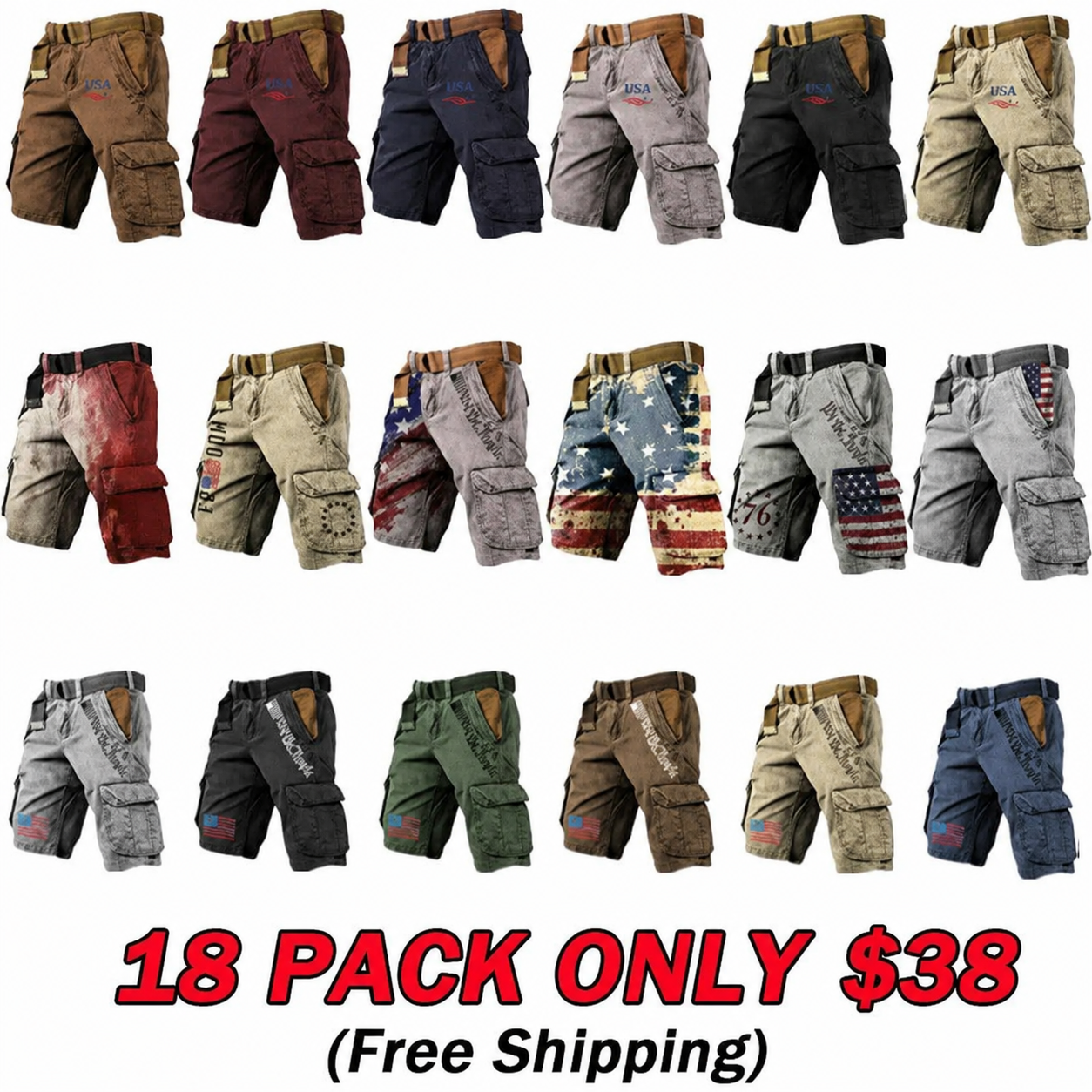 Men's Vintage Flag Independence Day Multi - Pocket Print Cargo Shorts (Belt Included)