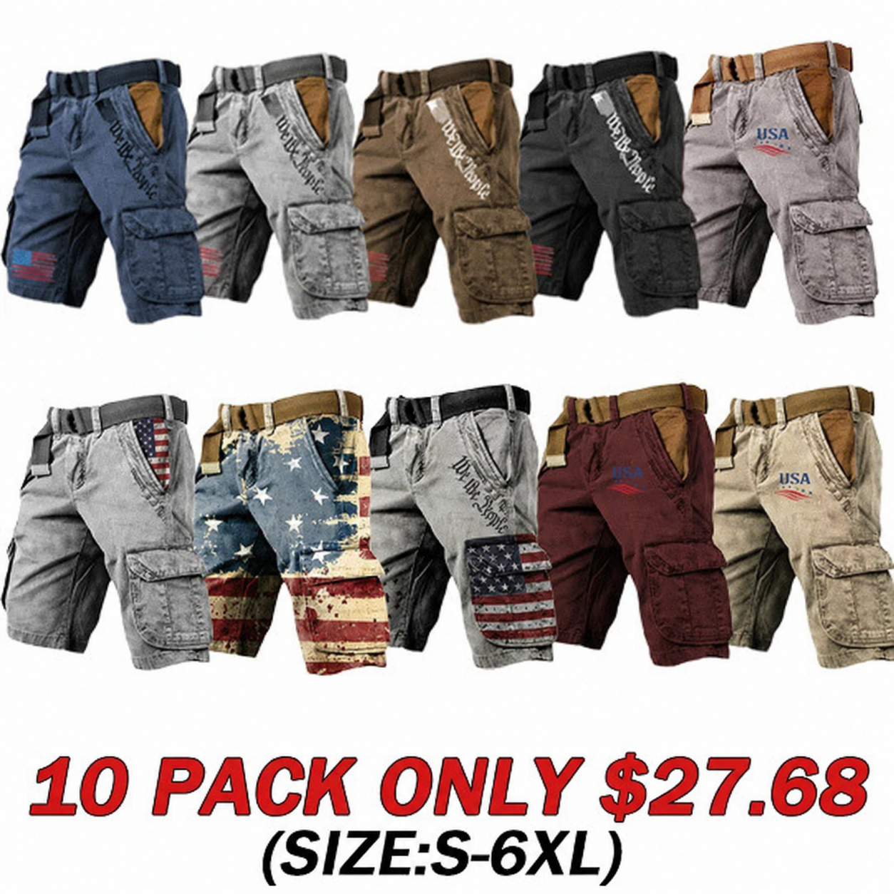 Men's Vintage Flag Independence Day Multi - Pocket Print Cargo Shorts (Belt Included)