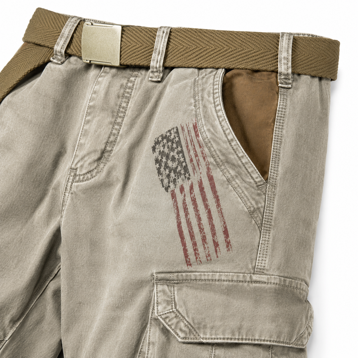 Men's Vintage Flag Independence Day Multi - Pocket Print Cargo Shorts (Belt Included)