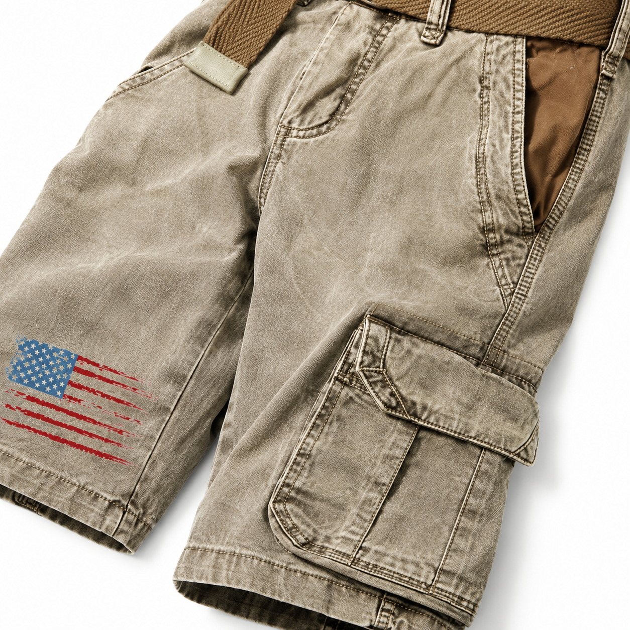 Men's Vintage Flag Independence Day Multi - Pocket Print Cargo Shorts (Belt Included)