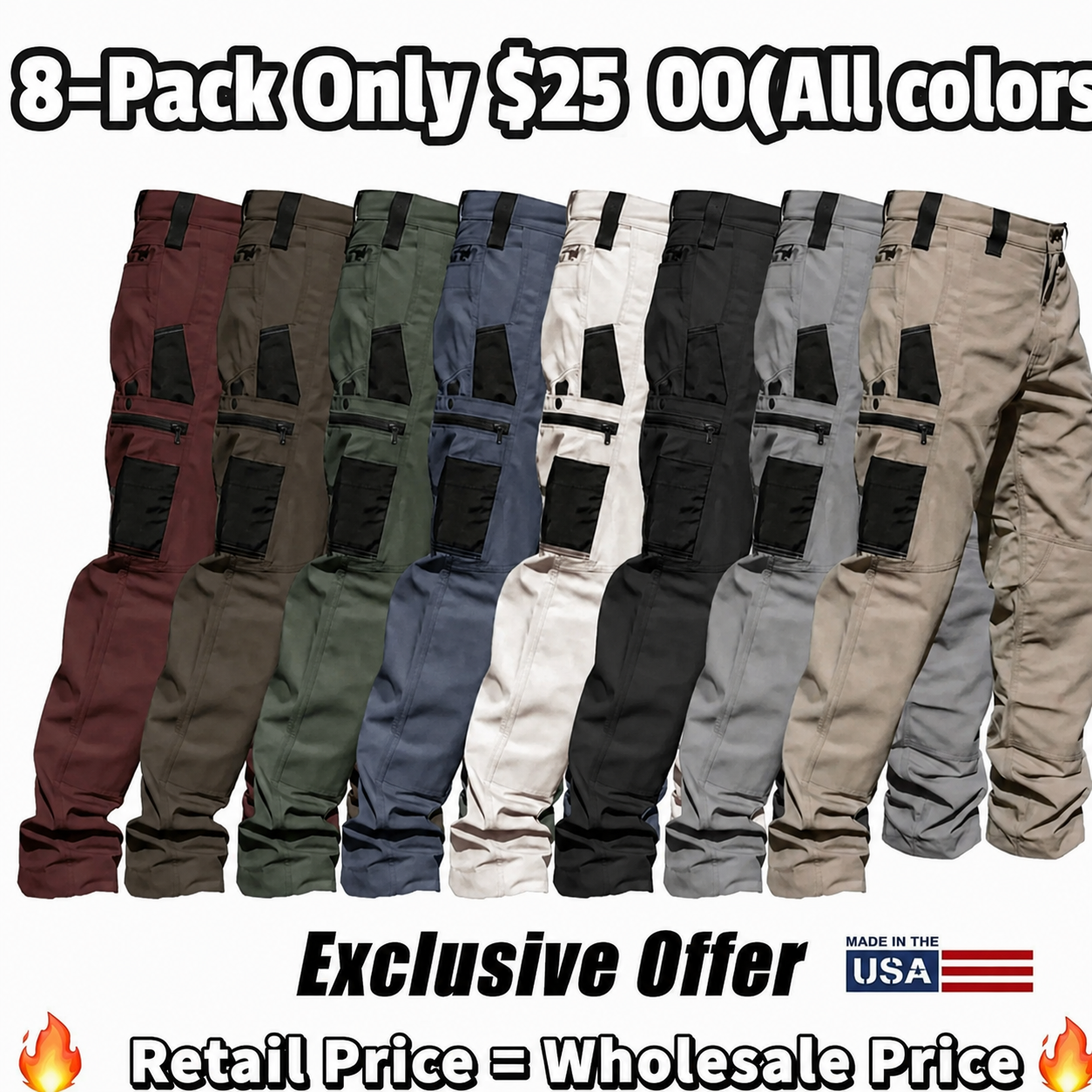 8-Pack Men's 8-Pack Unisex 10 - Pocket Heavy Duty zipper waterproof tactical Work Pants