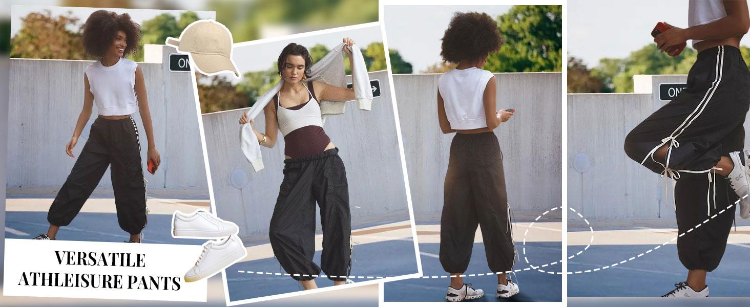 UANEO Women's Parachute Style Elastic High Waist Full Twist Hiking Cargo Pants with Adjustable Cuffs Womenswear Casual Bottom SummerVibes