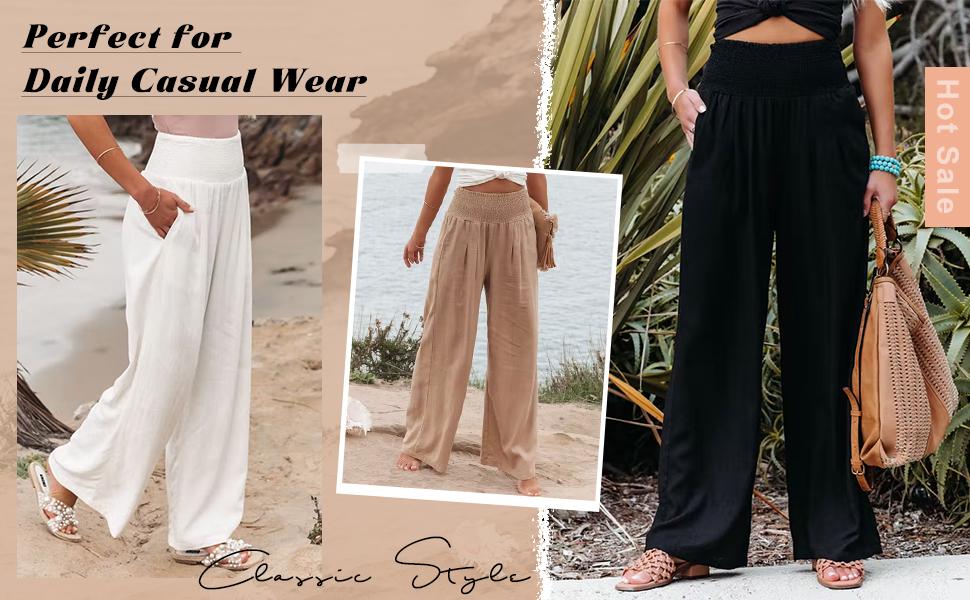 Chouyatou Women's Smocked High Waisted Cotton Linen Wide Leg Pants Palazzo with Pockets