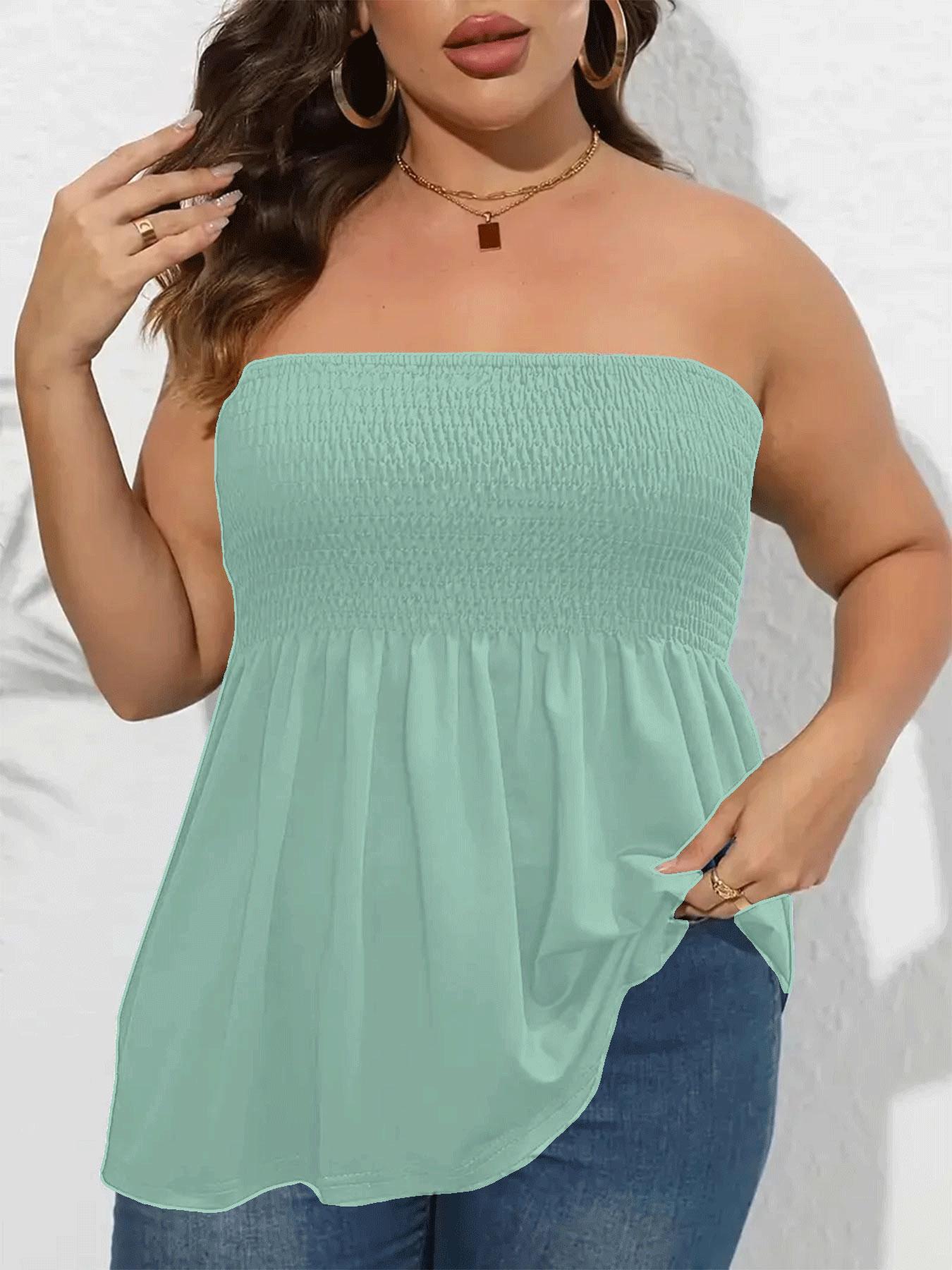 Plus Size Solid Ruffle Hem Shirred Tube Top, Boho Fashion Chic Elegant Style Tops, Lady Strapless Top, Womenswear, Casual Sleeveless Strapless Black Top